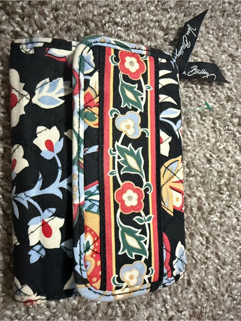 Vera Bradley Black Floral Quilted Zip Wallet with Stripe Panel